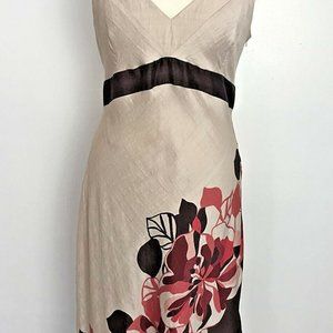 Kaliko Beige Multi Floral Midi Silk Mix Wedding Guest Races Cruise Dress Size 16